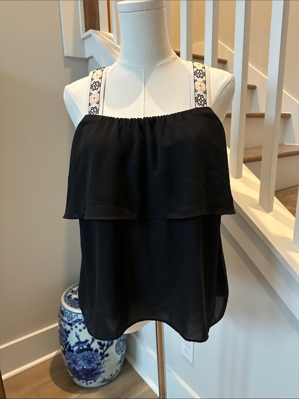 J. Crew Black Camisole with Cream Embroidered Straps